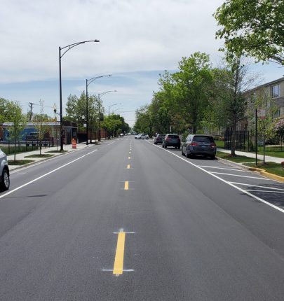 Freshly striped pavement facing south on Pulaski